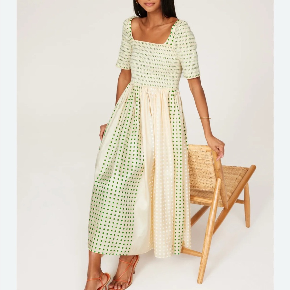 Tory Burch Silk Dotted Smocked Midi Dress
